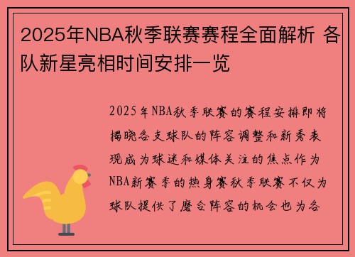 2025年NBA秋季联赛赛程全面解析 各队新星亮相时间安排一览