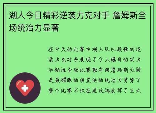 湖人今日精彩逆袭力克对手 詹姆斯全场统治力显著
